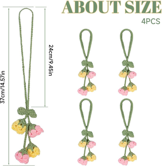 Flower Curtain Tiebacks, 4pcs Lily-of-The-Valley Curtains Holdbacks, Cute Curtain Holdbacks - No Drill Rope Holder, Drape Knitting Handmade for Nursery&Children's Room Decor (Pinkish/Yellow)