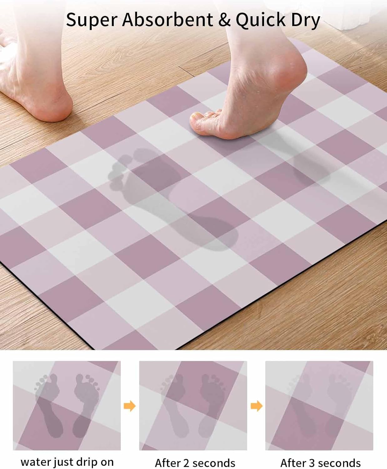 Bath Mat Absorbent Bathroom Rug,Simple White Pink Buffalo Checker Non Slip Quick Dry Bath Rugs Diatomite Stone Shower Mat,Plaid Gingham Spring Washable Doormat Kitchen Mats