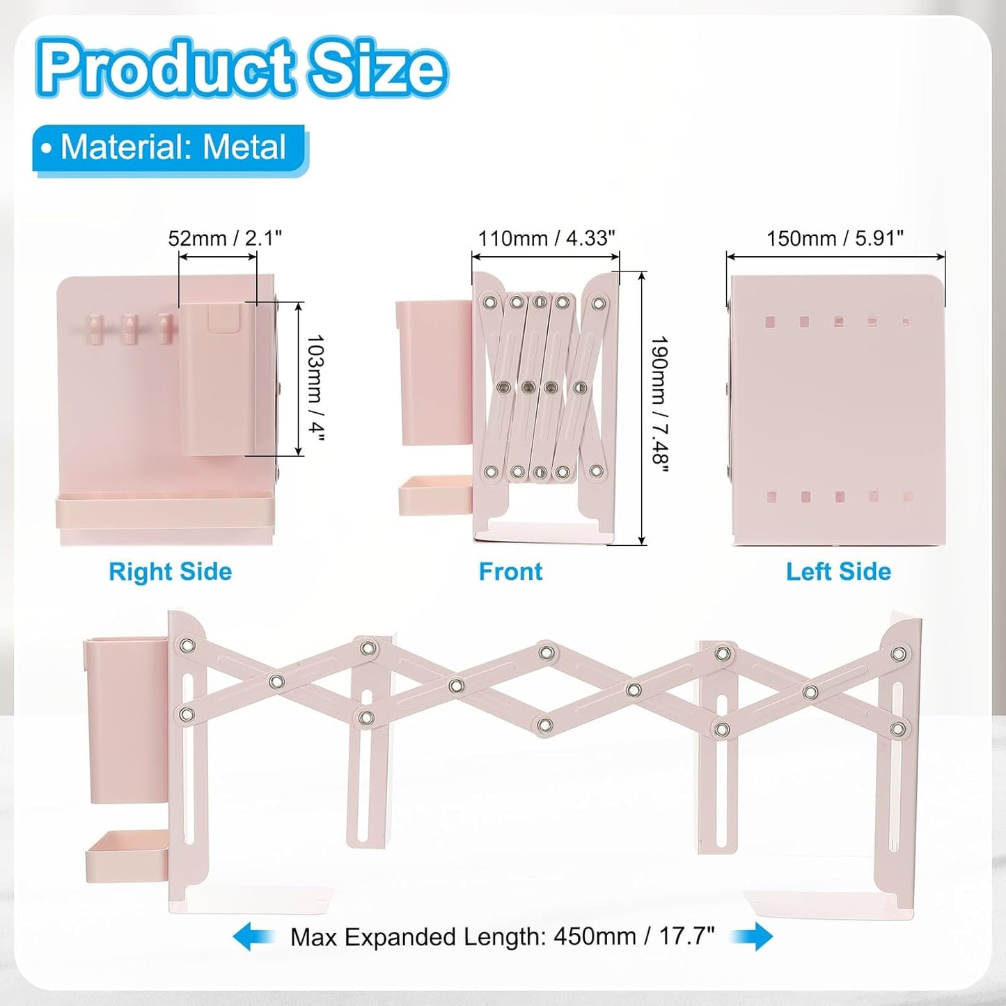 PATIKIL Adjustable Book Ends, 7.5" Tall Heavy Duty Metal Adjustable Bookends Book Holders Organizer with Removable Pen Holder Tray and 3 Hook-up for Heavy Books Desk Office Home, Pink
