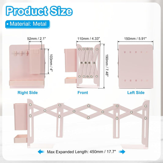 PATIKIL Adjustable Book Ends, 7.5" Tall Heavy Duty Metal Adjustable Bookends Book Holders Organizer with Removable Pen Holder Tray and 3 Hook-up for Heavy Books Desk Office Home, Pink