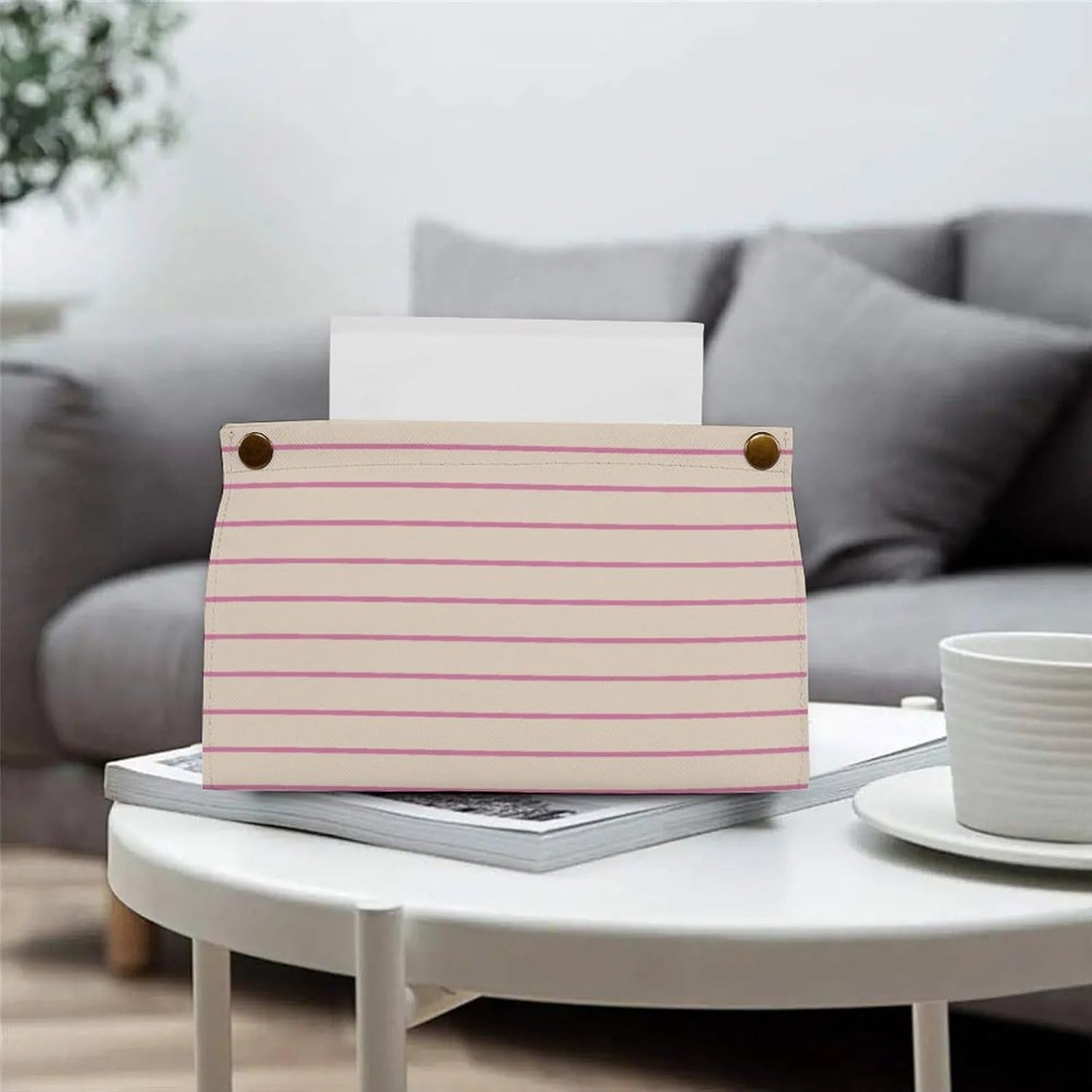 Pink and Ivory Stripes Geometric Pattern Tissue Box Cover PU Leather Facial Tissue Dispenser Box for Office Car & Bathroom