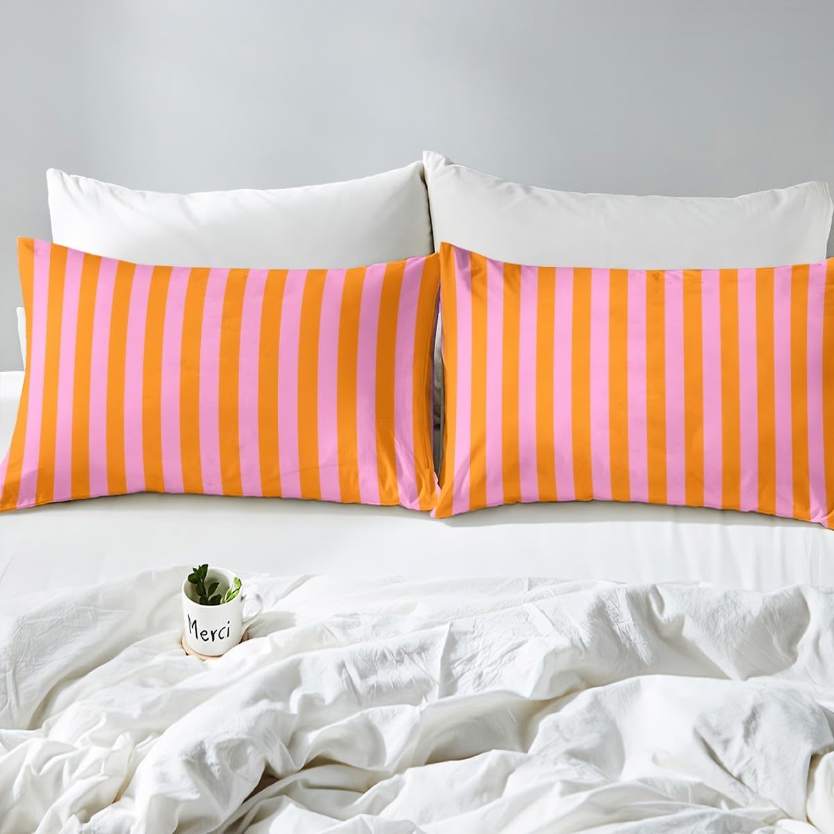 Kids Pink Orange Bedding Twin Size Abstract Fitted Sheet with 1 Pillowcases for Boys Girls Teens Bedroom Decor Stripes Bed Sheets Set 16" Deep Pocket Breathable Soft Microfiber Women Men Geometric