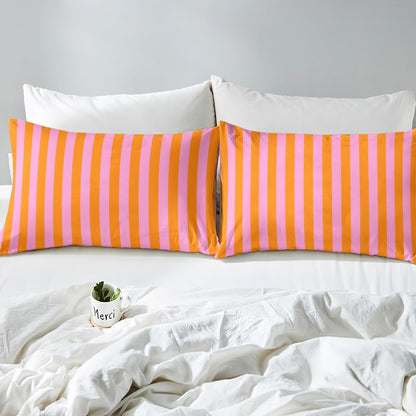 Kids Pink Orange Bedding Twin Size Abstract Fitted Sheet with 1 Pillowcases for Boys Girls Teens Bedroom Decor Stripes Bed Sheets Set 16" Deep Pocket Breathable Soft Microfiber Women Men Geometric