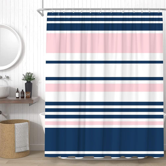Navy Blue and Pink Striped Shower Curtain Vertical Stripe Minimalist Modern Vintage Classic Bathroom Decor Curtains Set with Hooks, 70" W x 70" H