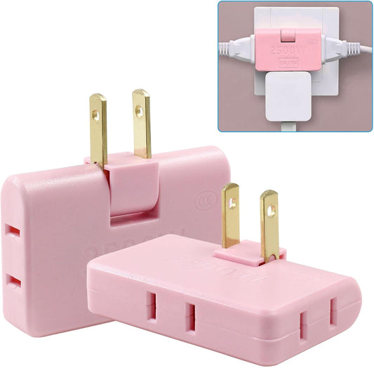 Zorfeter 2Pcs 3 in 1 Pink Rotatable Flat Wall Outlet Extender, Flat Plug Adapter Outlet 2500W, Power Socket Converter Plug Perfect for Home and Travel