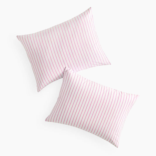Wake In Cloud - Striped Pillow Cases, 100% Washed Cotton, Ticking Stripe Vertical Pinstripe Neutral Farmhouse, Set of 2 Pillowcases Pillow Shams Covers, Pink White, Standard Size 20x26 Inches