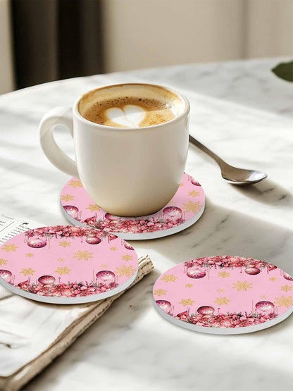 Christmas Flowers Coaster Set of 4 Light Ball Winter Snowflake Pink Drink Coasters with Holder Absorbent Ceramic Coaster for Table Dining Cup Mat for Kitche Cafe Bar Warming Gifts 4 Inches