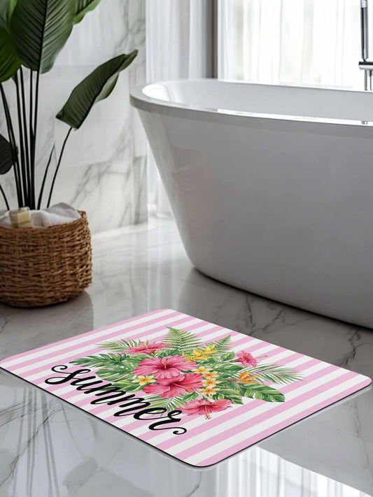 Bath Mat Absorbent Bathroom Rug,Summer Tropical Plants Flowers Non Slip Quick Dry Bath Rugs Diatomite Stone Shower Mat,Pink Floral Striped Washable Doormat Kitchen Mats