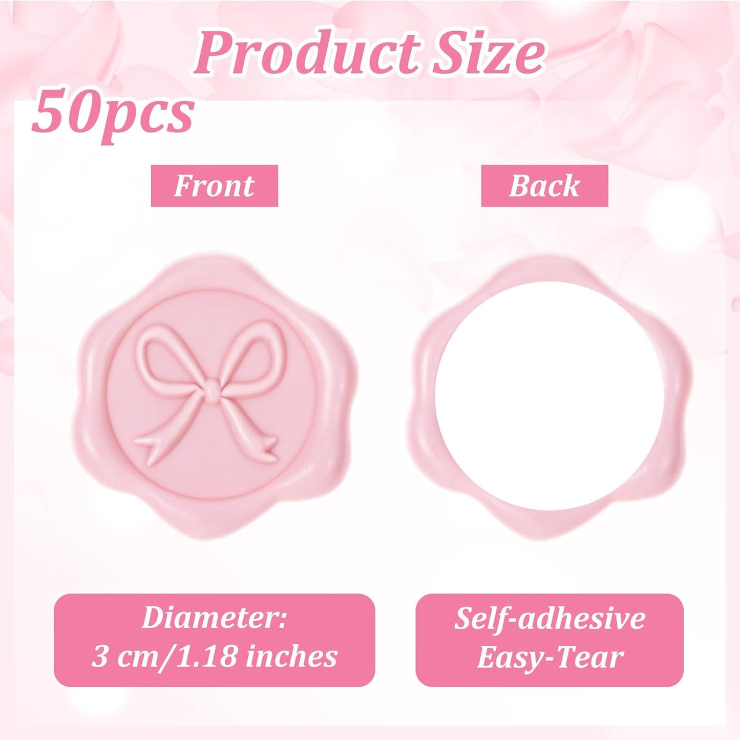 50pcs Wax Seal Stickers, Bow Envelope Seal Stickers, 3D Adhesive Antique Wax Stamp Sticker Decals for Invitation Baby Shower Greeting Cards Gift Wrapping(Pink)