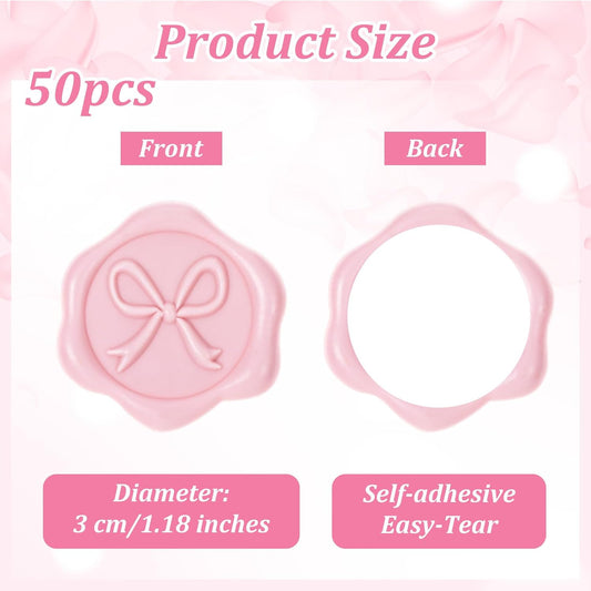 50pcs Wax Seal Stickers, Bow Envelope Seal Stickers, 3D Adhesive Antique Wax Stamp Sticker Decals for Invitation Baby Shower Greeting Cards Gift Wrapping(Pink)