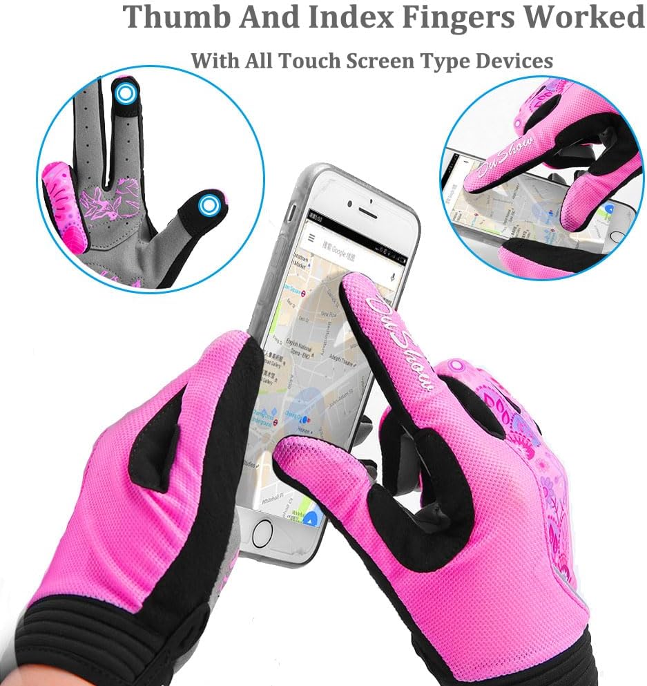 DuShow Bike Gloves for Women Cycling,Pink Floral Workout Gloves Women,Full Finger Biking Driving Riding Gloves for Women,Gel Padded Touch Screen Gym Gloves