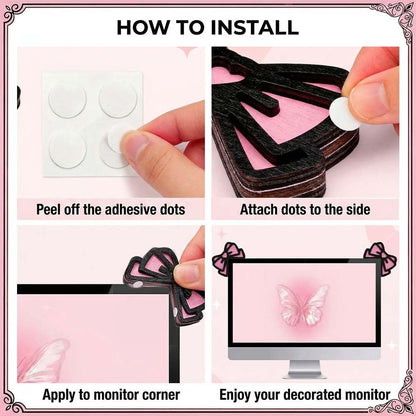 2 PCS 3D Wood Pink Bow Computer Monitor Decor Cute Coquettish Mini PC Decorations Laptop Office Decoration Gift for Women