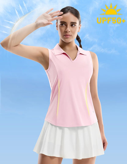 MIER Women's Sleeveless Golf Polo Shirts, Dry Fit V Neck Collared Tank Tops, Tennis Athletic UPF 50+ Shirt for Workout Casual