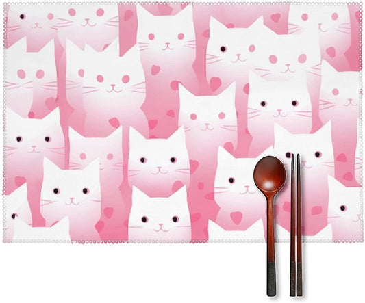 Peach Cat Pattern Placemats Set of 4 - Non-Slip Heat Resistant Place Mats Farmhouse Rustic Table Mats Reusable Hard Canvas Placemat for Dining, Kitchen, Party Indoor/Outdoor Decoration