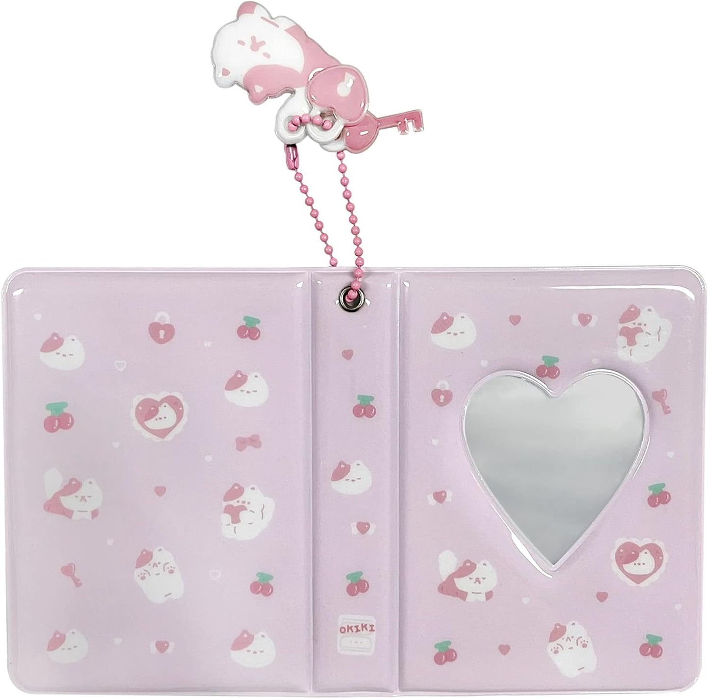 3 Inch Mini Photo Album, Heart Hollow Card Binder Photo Card Holder with Pendant 40 Pockets (pink white cat)