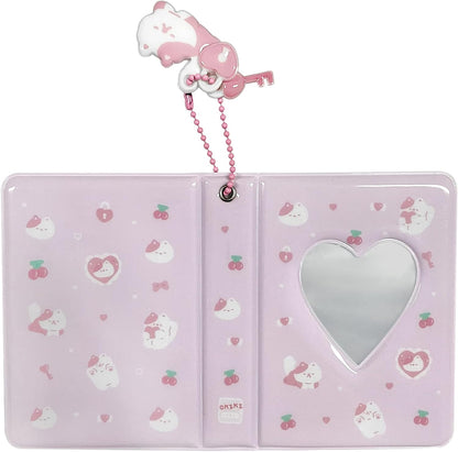 3 Inch Mini Photo Album, Heart Hollow Card Binder Photo Card Holder with Pendant 40 Pockets (pink white cat)