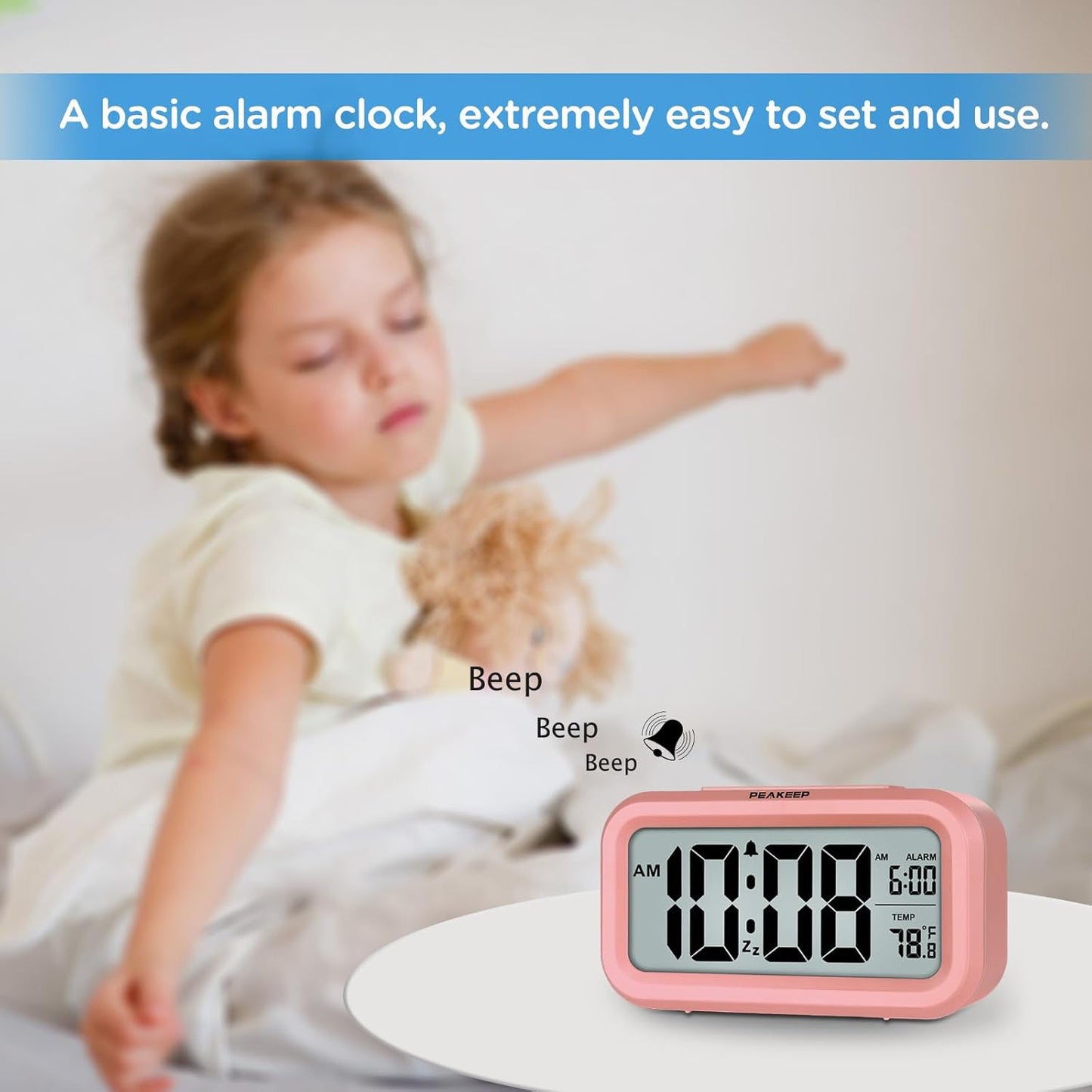 Peakeep Night Light Digital Alarm Clock with Indoor Temperature, Battery Operated Desk Small Clock (Light Salmon Pink)
