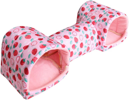 Hamster Tunnel Bed Hideout, Polyester Small Pet Cave for Guinea Pigs, Mice, Chinchillas and Dwarf Rabbits, Pink Strawberry