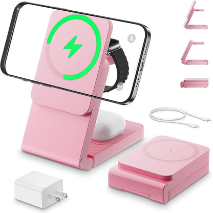 3-in-1 Charging Station for Apple Devices, Foldable Magnetic Wireless Charger Stand, Fast Charger Station for iPhone17/16/15/14/13/12 Pro Max/ AirPods2/3/4 and IWatch Ultra Series(Pink)