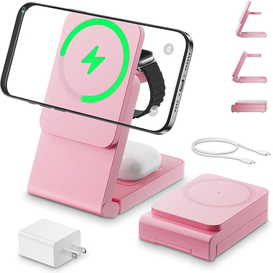 3-in-1 Charging Station for Apple Devices, Foldable Magnetic Wireless Charger Stand, Fast Charger Station for iPhone17/16/15/14/13/12 Pro Max/ AirPods2/3/4 and IWatch Ultra Series(Pink)