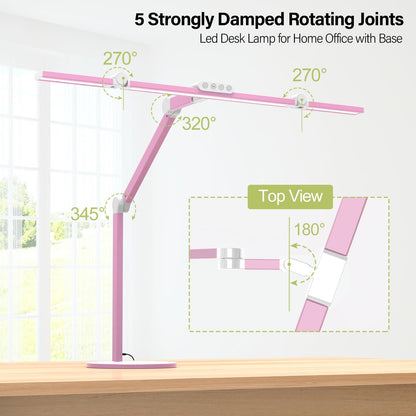 Micomlan Led Desk Lamp with Base, Adjustable Tall Architect Desk Light for Home Office with Flexible Swing Arm, 24W Pink Bright Table Lamp Auto Dimming Computer Light for Workbench