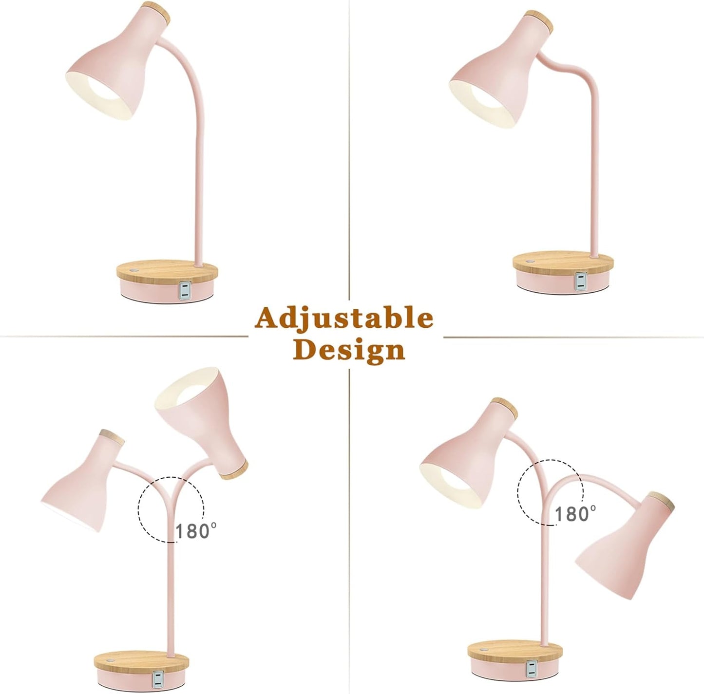 LALISU Metal Desk Lamp Wireless Charging Table Lamp Touch Reading Lights Arc Desk Lamps for Bedroom, 3 Way Dimmable Bedside Lamp with USB Charging Ports Lamp for Study Room and Office (Touch-Pink)