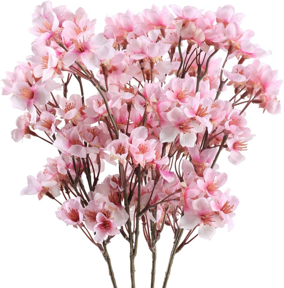 4Pcs Artificial Cherry Blossom Branches: 15.7" Fake Cherries Silk Faux Spring Flowers Peach Arrangements for Home Wedding Bedroom Party Table Centerpiece Japanese Decor(Pink)