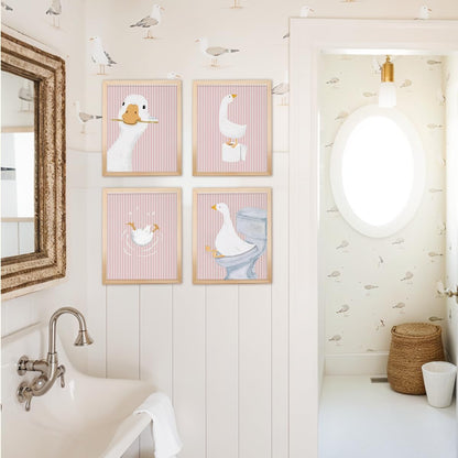 Wheatwin Girls Bathroom Decor Set, Pink Goose Nursery Animal Bathroom Wall Decorations for Kids Toddler Little Girls Toilet Washroom, 8x10 Unframed 4Pcs - Pink