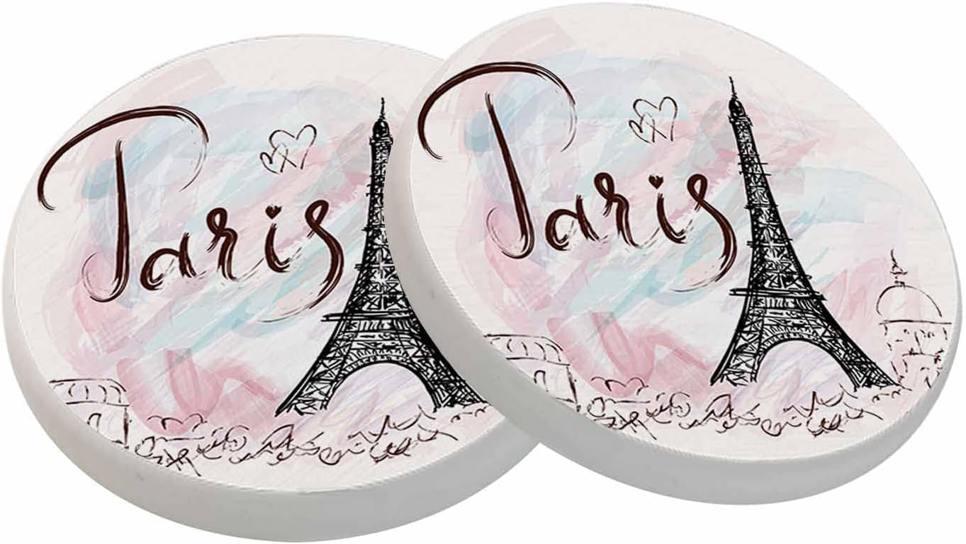 oFloral Eiffel Tower Coasters for Drinks Pink Paris Romantic Art Painting Cups Place Mats for Home Decor Set of 2, 4 Inch