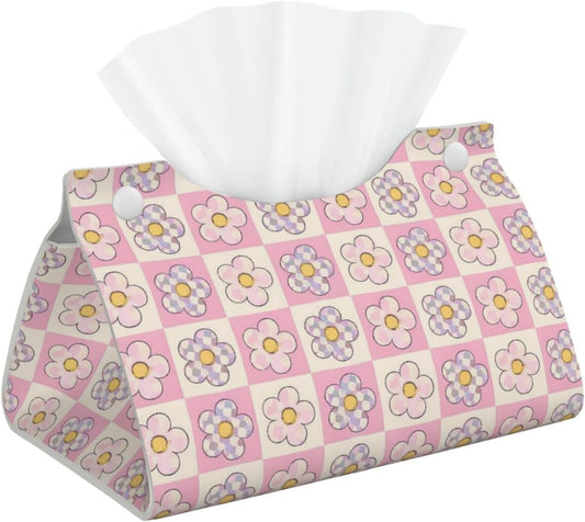 Pink Checkerboard Daisy Long Tissue Box Cover Paper Holder Home Decor 7.9'' x 4.9'' x 4.5''