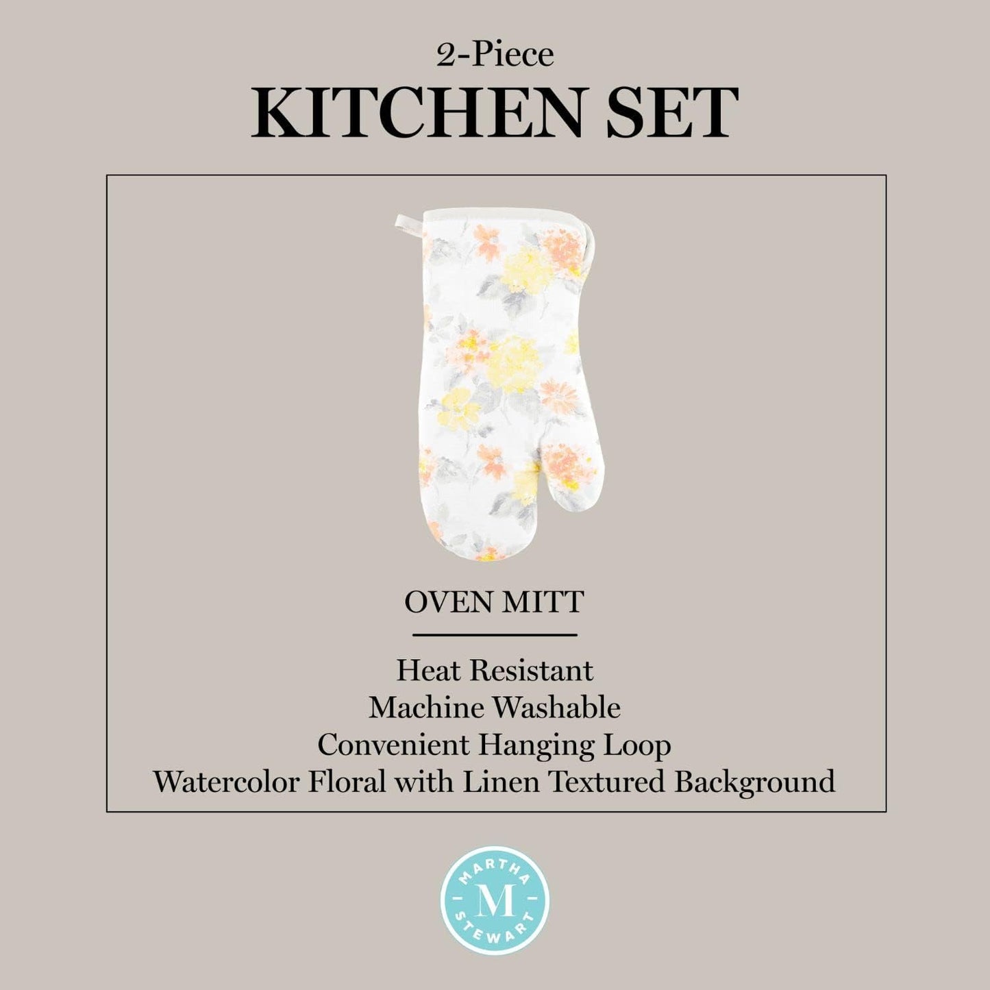 Martha Stewart Amber Floral Oven Mitt & Pot Holder Set 2-Pack, Yellow/Coral, OM: 7"x13" & PH: 7"x10"