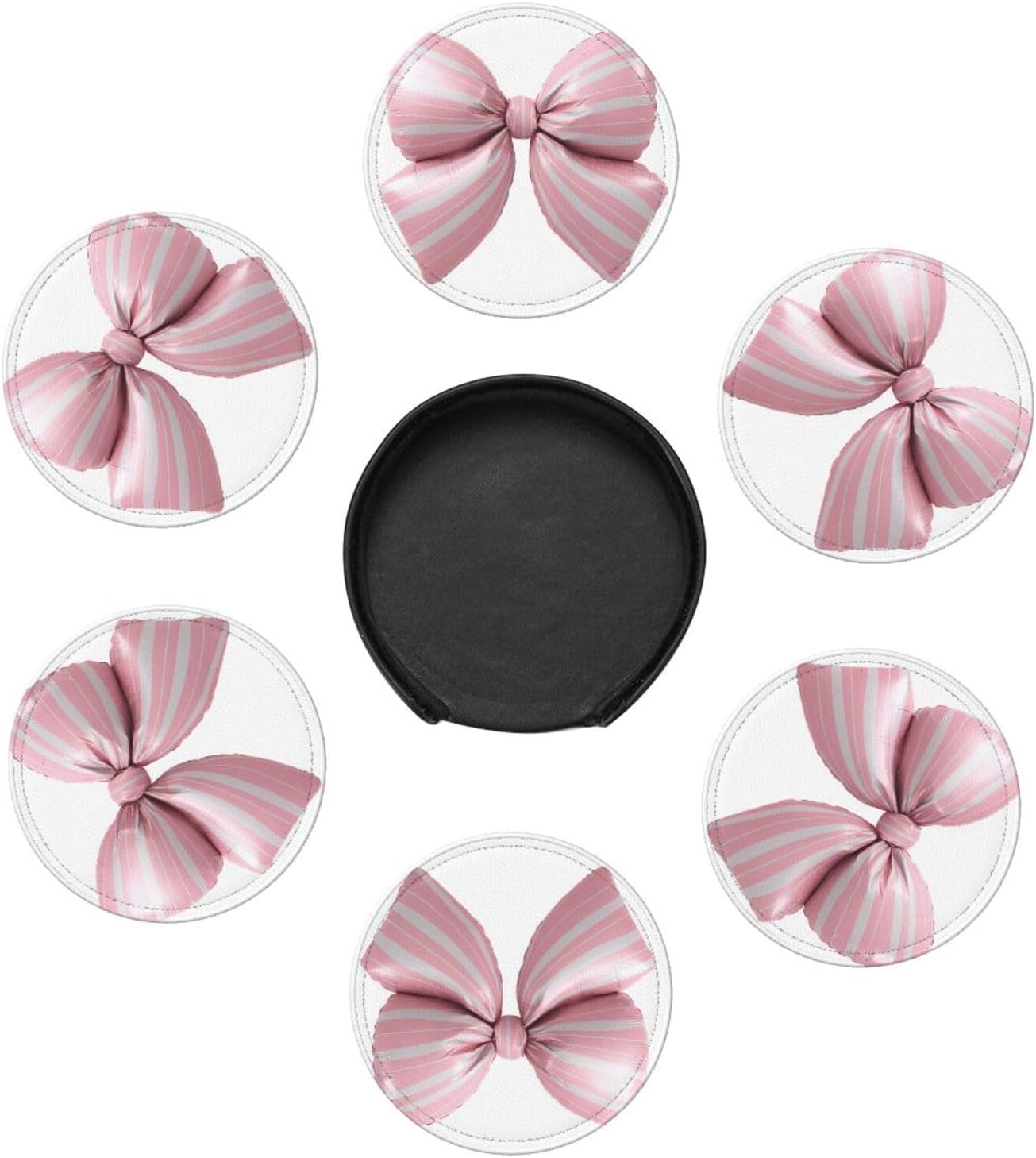 Light Pink Bow Balloon Candy Stripe Pattern Premium Leather Coasters, Set of 6 with Holder, Stylish Beverage Coasters for Kitchen Coffee Bar