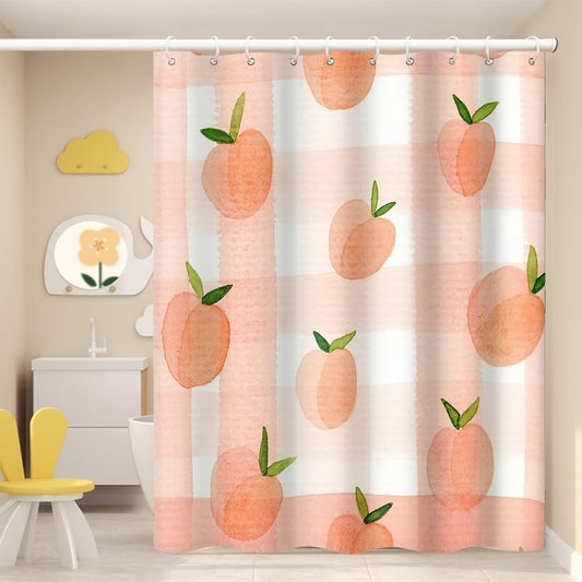 Pink Peach Shower Curtain for Girly Bathroom Dreamy Sweet Check Fruits Shower Curtain with Hooks Polyester Waterproof Fabric Home Bathtub Shower Curtain Decorative, 65x72 Inch