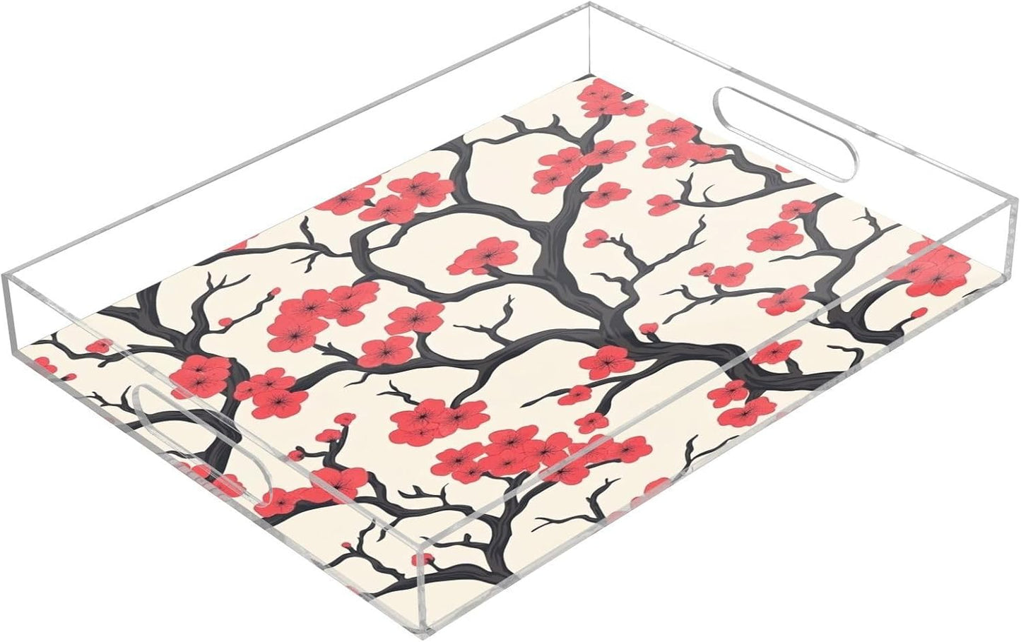 Pink Peach Flowers Acrylic Serving Tray with Handles,Clear Serving Tray Decorative Organiser for Ottoman, Kitchen, Bedroom Decorative 12x16 Inches