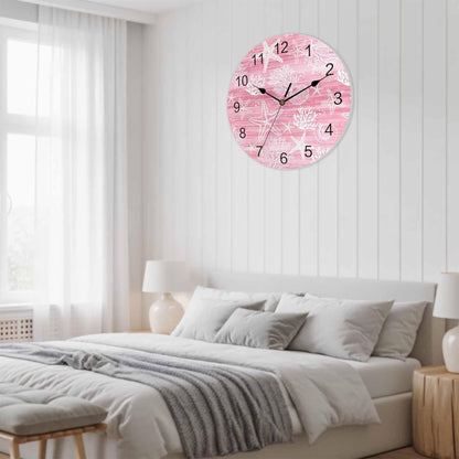 Wall Clock Pink Coral Shell Starfish Clocks PVC Silent Non-Ticking Battery Operated Decorative Grey Summer Ocean Conch Round Clock for Home Living Room Kitchen Bedroom Office School Wall Decor 14 Inch