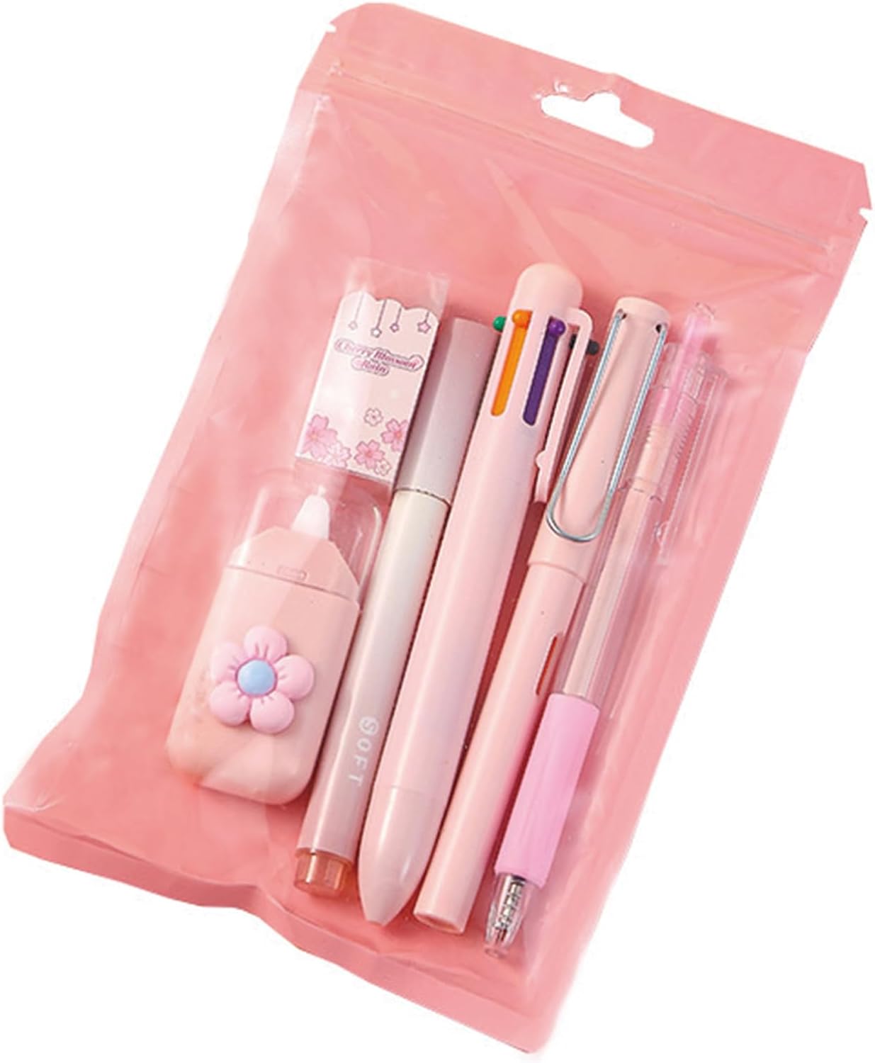 MOZXIRZ 6 Pcs Cute Pink Stationery Set Kawaii School Supplies Office Supplies Women Stationery Kit Including Ballpoint Pens Pencil Highlighter Correction Tape Ruler Eraser (Pink)