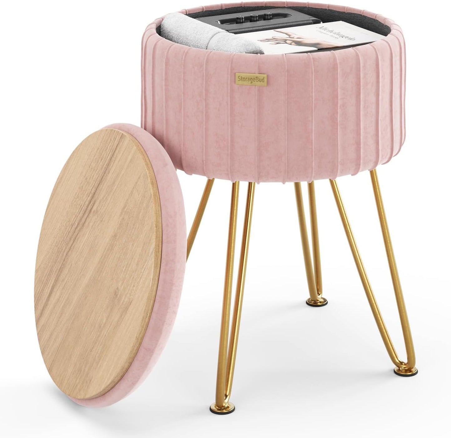 Round Ottoman with Storage, Pleated Velvet Storage Ottoman, Foot Stool Ottomans, Makeup Vanity Stool, Small Ottomans Foot Rest, Modern Vanity Stools for Living Room and Bedroom, Pink