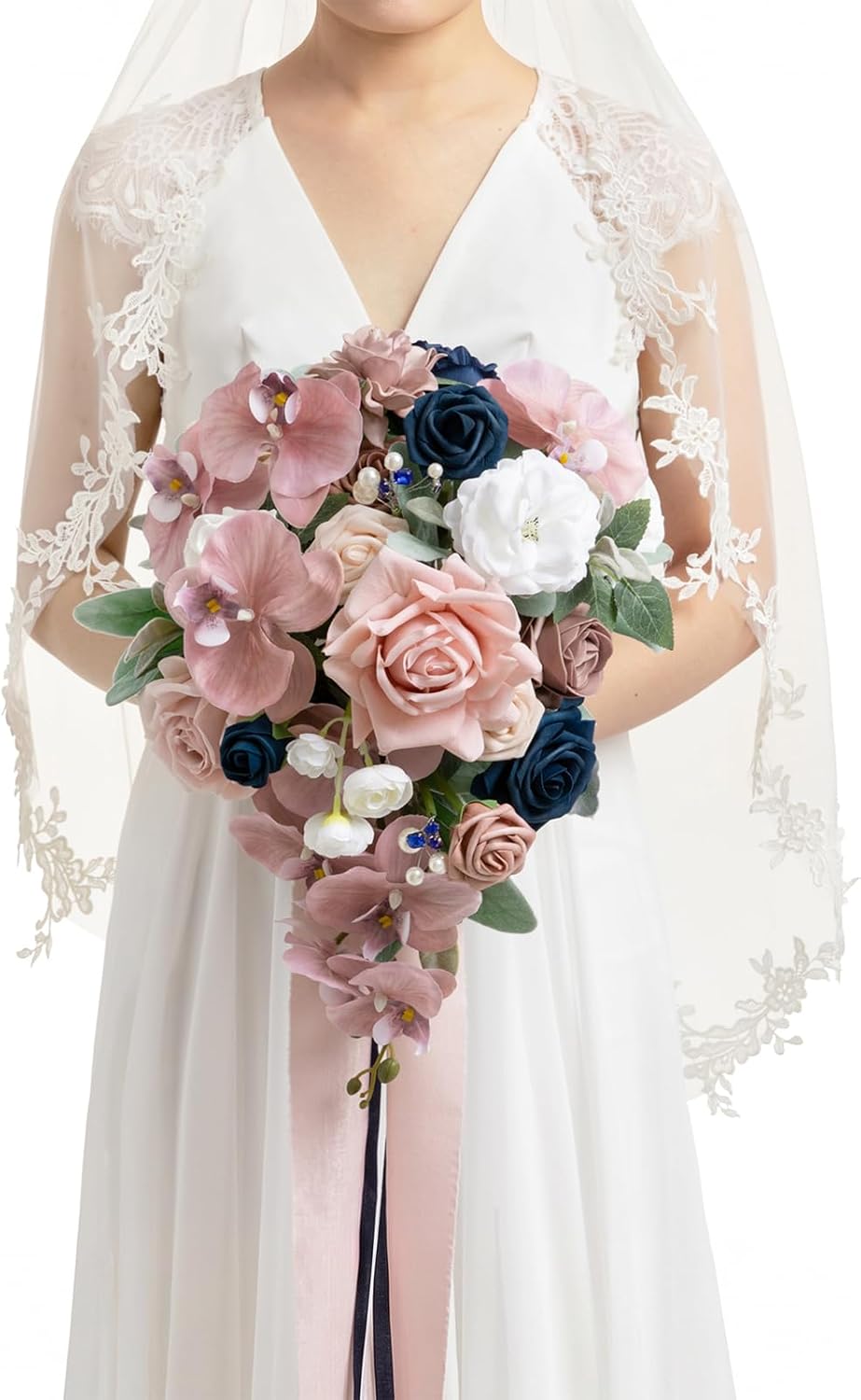 Ling's moment Pink Blue Bridal Bouquet Cascading, Dusty Rose Navy Wedding Bouquets for Bride, 13 Inch Bride Artificial Flowers Bouquets
