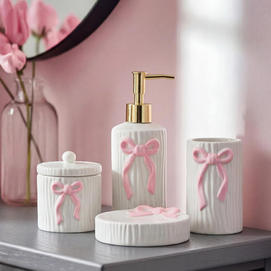 Zhehao 4 Pcs Ceramic Pink Bow Bathroom Set Bow Bathroom Accessories Soap Dispenser Tumbler Toothbrush Holder Vanity Soap Tray Cotton Swab Jars Refillable Decor Pink Decor Gift for Her