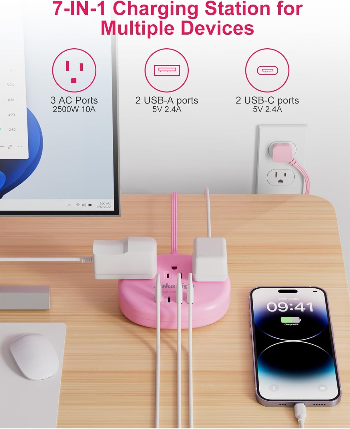 Pink Extension Cord with USB C - 5 FT Kawaii Power Strip, 1625W Cute Extension Cord with 3 AC Outlet 4 USB (24W/4.8A), Compact for Cute Pink Kawaii Desk Home Essentials