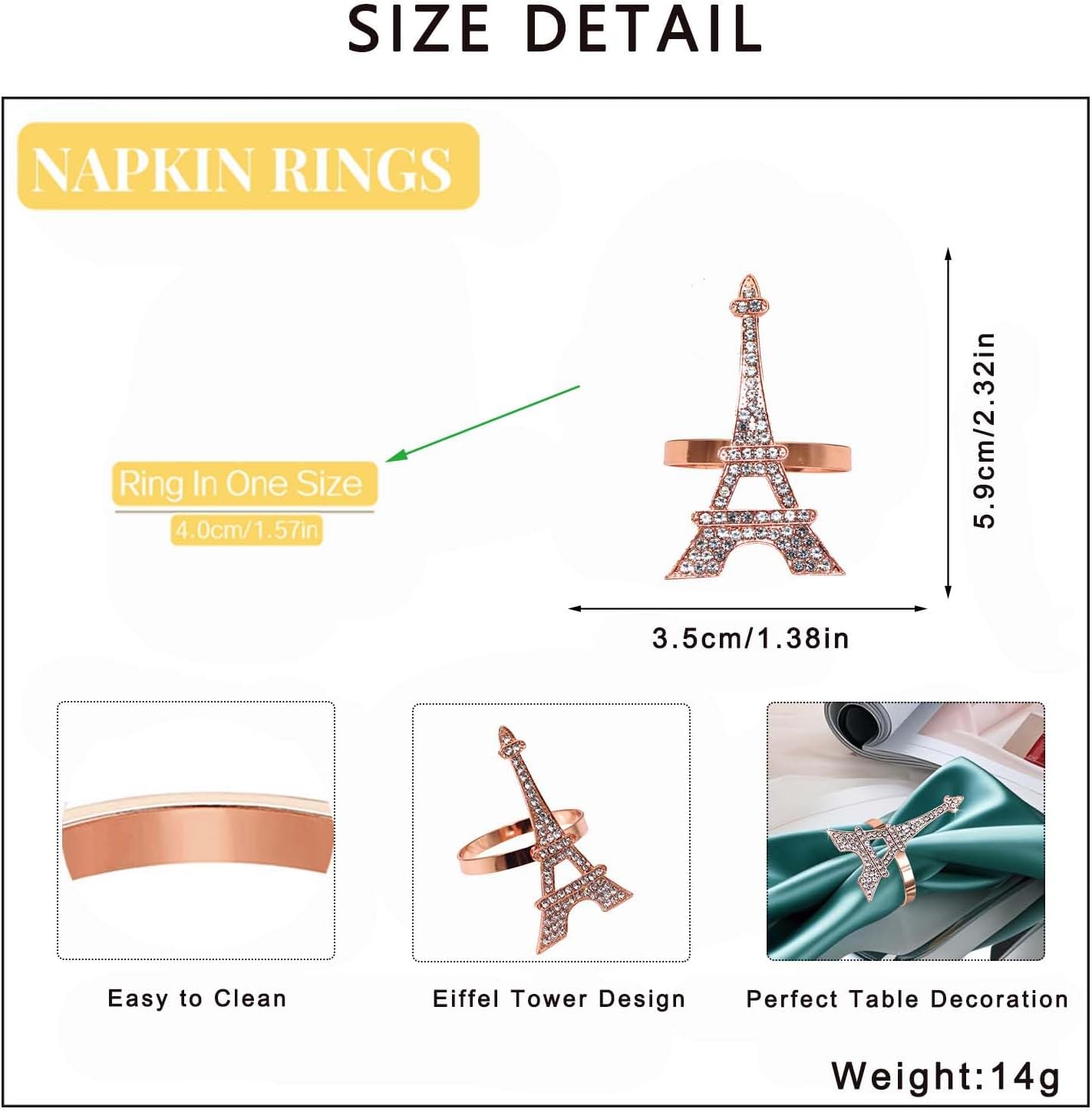 Rose Gold Eiffel Tower Napkin Rings Set of 6 Western Paris Napkin Rings for Valentine's Day Wedding Brithday Dining Decor,French Napkin Ring Holders for Holiday Family Party Table Setting