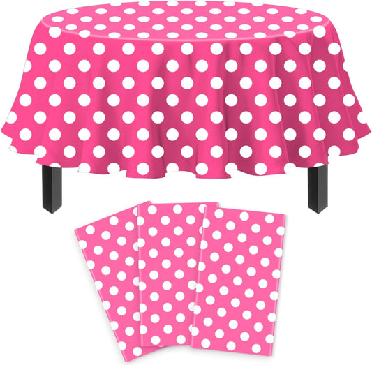 3 Pack Pink and White Polka Dots Round Tablecloth Pink Round Table Cover with White Polka Dot Plastic Table Cloth 84 in for Kitchen Dining Wedding Party