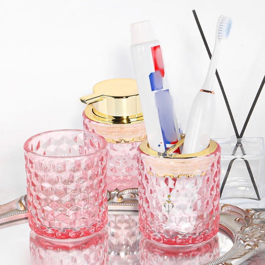 Bathroom Accessories Set, 3pcs Pink Glass Bathroom Accessory Set,Toothbrush Holder, Foaming Soap Dispenser and Tumbler, Gold Bathroom Decor Sets for Organizer, Home Apartment Gift