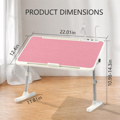 Adjustable Laptop Desk for Bed & Sofa, Height and Angle Adjustable Lap Desk with USB Cooling Fan & LED Light, Foldable Portable Laptop Table Stand for Home, Floor, Adults & Kids, Pink