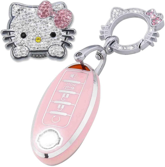 Pangpai Pink Car Accessories 3 Pcs for 5 Buttons Nissan Key Fob Cover with Bling Keychain Cute Push to Start Button Cover
