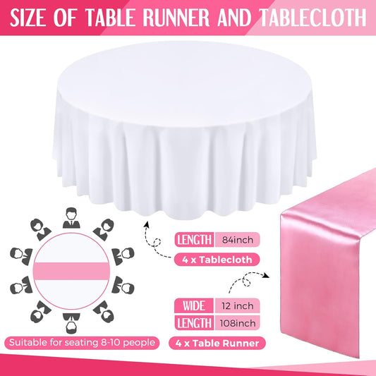 Tudomro 8 Pcs White and Light Pink Round Plastic Tablecloth and Satin Table Runner Set 84 Inch Round Covers 12 x 108 Inch Table Runners for Wedding Birthday Party Baby Shower Anniversary
