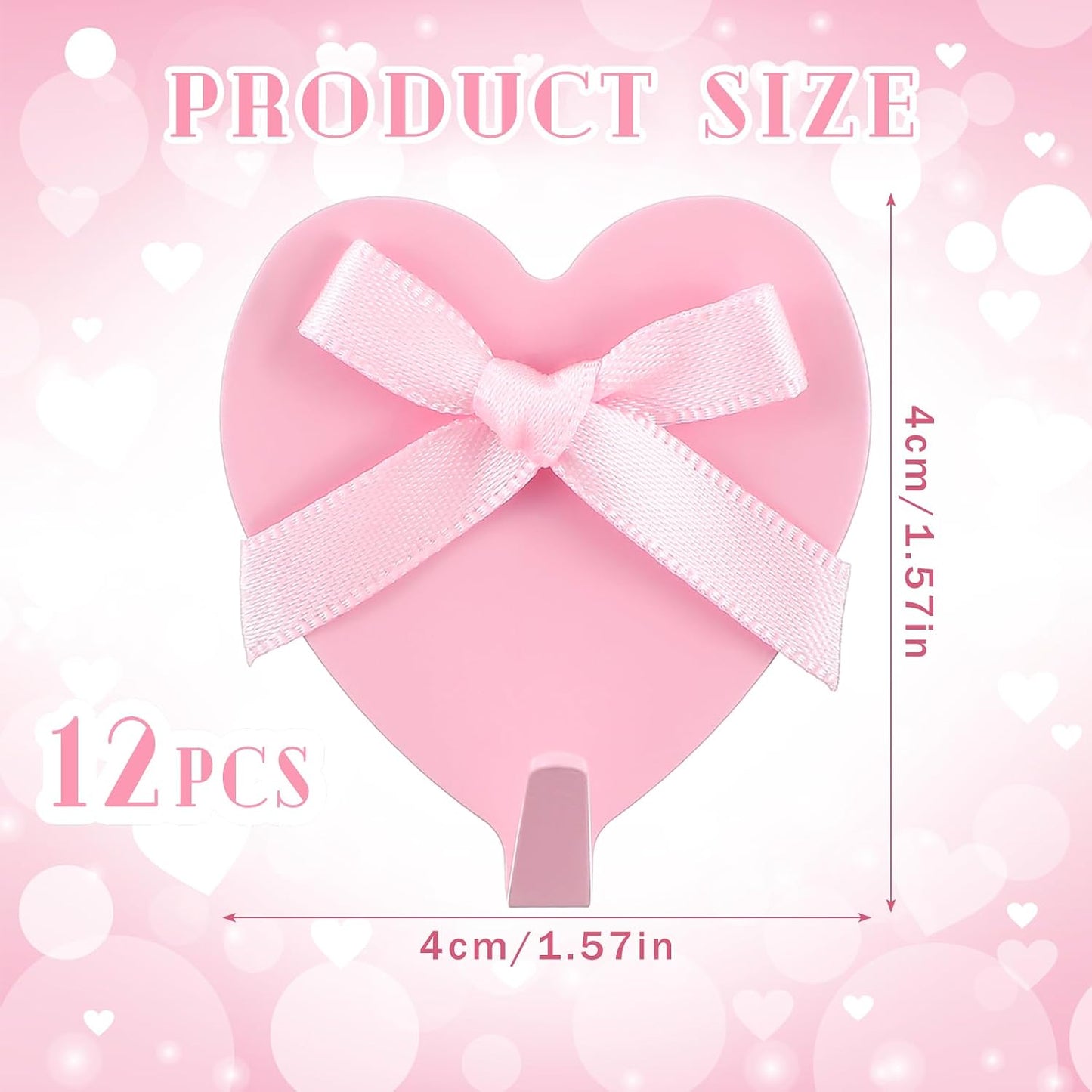 Reallnaive 12 Pcs Pink Heart Bow Wall Hooks Decorative Dorm Essentials Coquette Wall Decor Stainless Steel Strong Adhesive Heart Hook for Girl Dormitory Bedroom Home Kitchen Bathroom