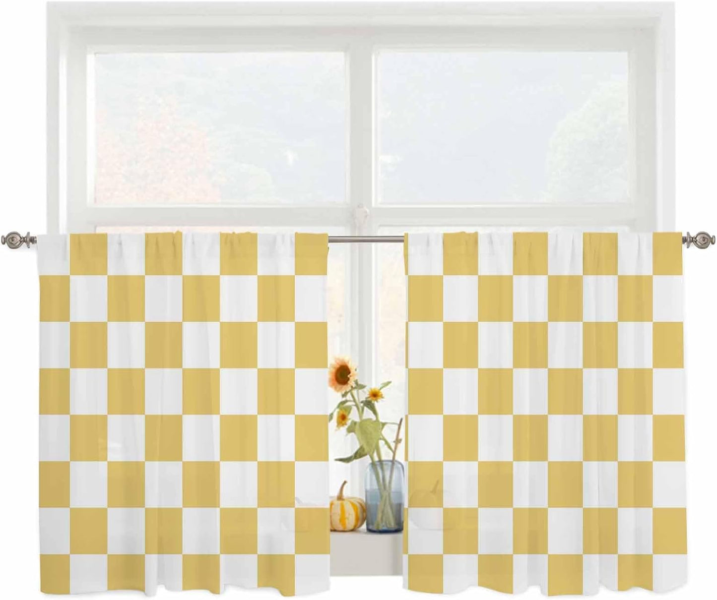 Lemon Yellow Checkered Sheer Curtains for Living Room Bedroom Geometric Yellow Buffalo Plaid Sheer Curtains 45 Inch Long 2 Panels Set Light Filtering Curtain Window Treatments Drapes for Dining Room