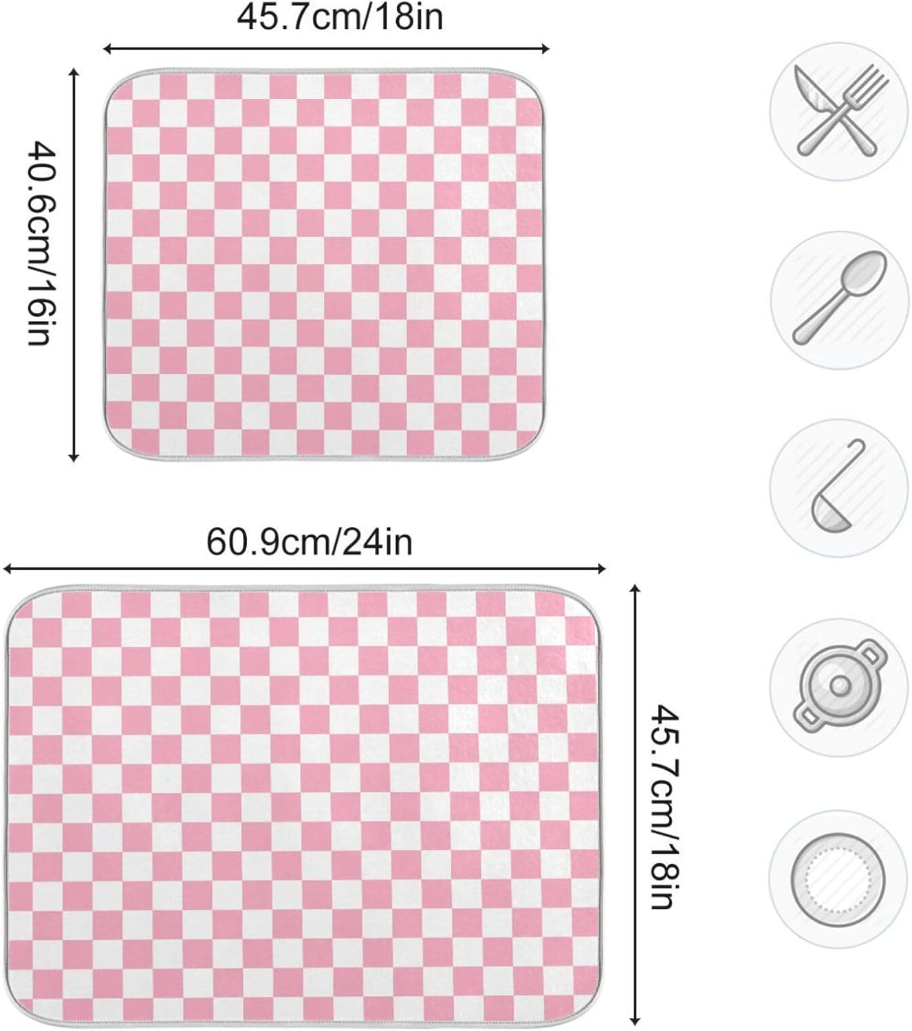 Pink White Checkered Pattern Dish Drying Mat for Kitchen Counter Absorbent Reversible Microfiber Drying Pad Countertop Drainer Mats, Large 18 x 24 inch