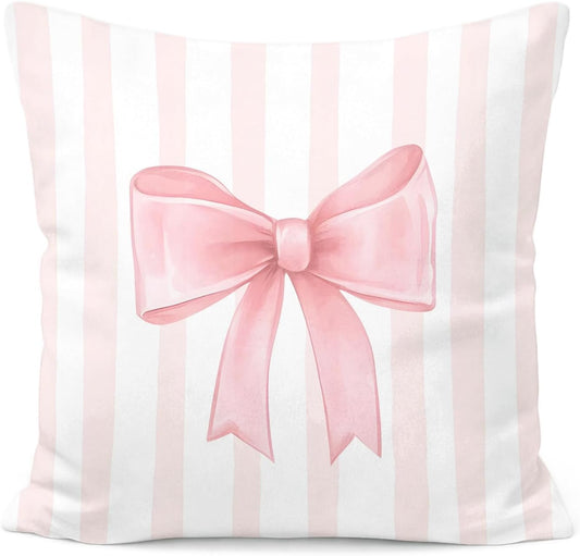 Pink Bow Decorative Throw Pillow 18x18 Inch – Cute Blush Pink Striped Pillow Cover for Girls Room, Baby Nursery, Sofa or Bedroom Decor